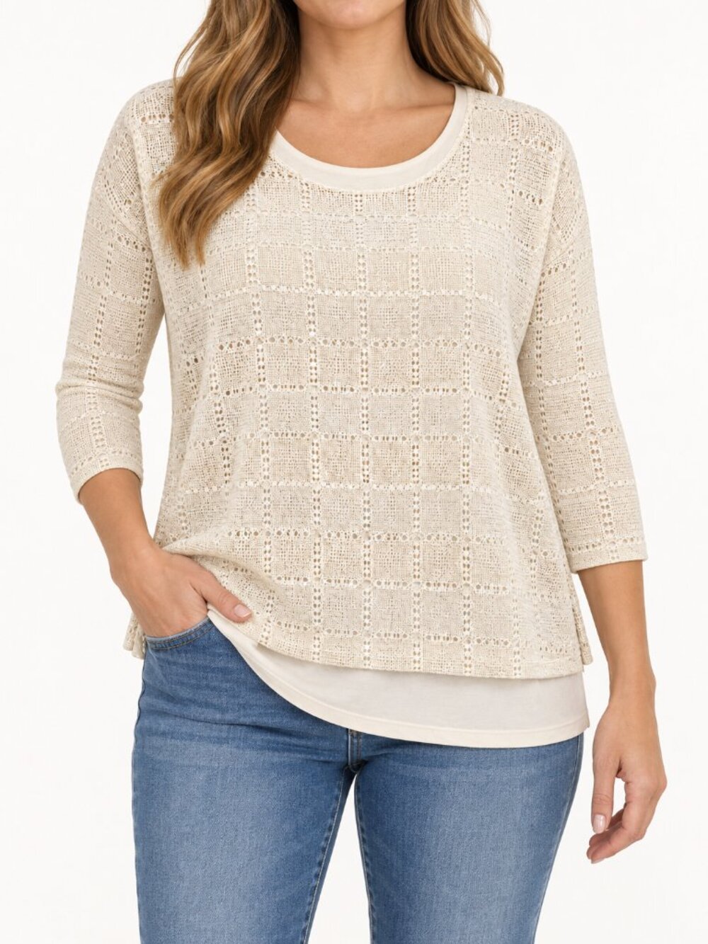 Grace Elements Ivory Crochet Layered Top XL NWT